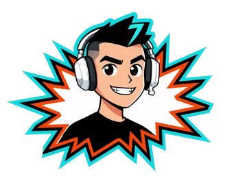 The B00MER cartoon logo with headphones, bursting out of an orange and cyan starburst