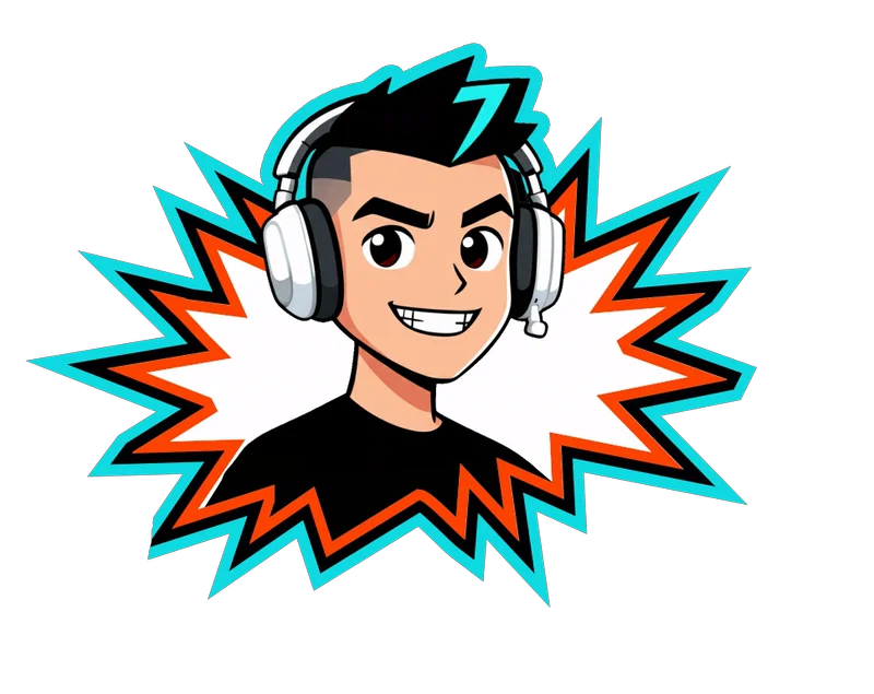 The B00MER cartoon logo with headphones, bursting out of an orange and cyan starburst
